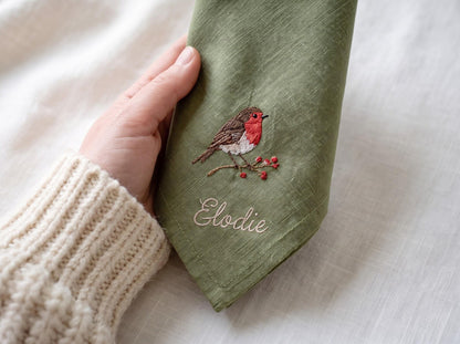 Personalized Christmas Napkins Set of 6, Hand Embroidered Robin, Candle, Gingerbread, Rocking Horse & Gift, Custom Names Linen Holiday Decor