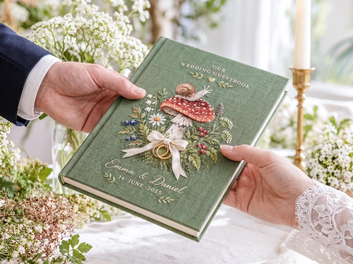 Custom Hand Embroidered Mushroom Wedding Guest Book, Sage Green Linen Photo Album, Woodland Memory Book, Wedding Keepsake, Bridal Gift