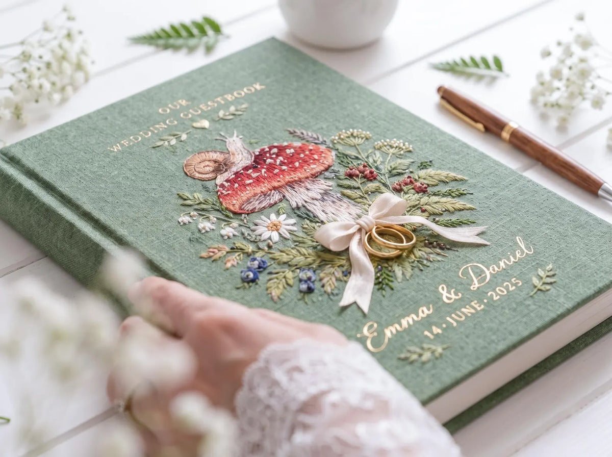 Custom Hand Embroidered Mushroom Wedding Guest Book, Sage Green Linen Photo Album, Woodland Memory Book, Wedding Keepsake, Bridal Gift