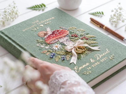 Custom Hand Embroidered Mushroom Wedding Guest Book, Sage Green Linen Photo Album, Woodland Memory Book, Wedding Keepsake, Bridal Gift