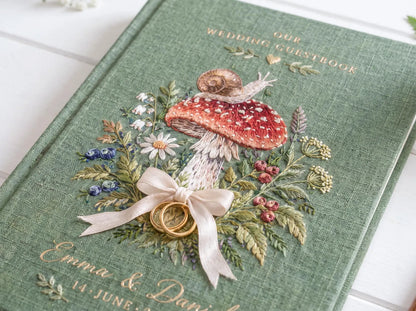 Custom Hand Embroidered Mushroom Wedding Guest Book, Sage Green Linen Photo Album, Woodland Memory Book, Wedding Keepsake, Bridal Gift