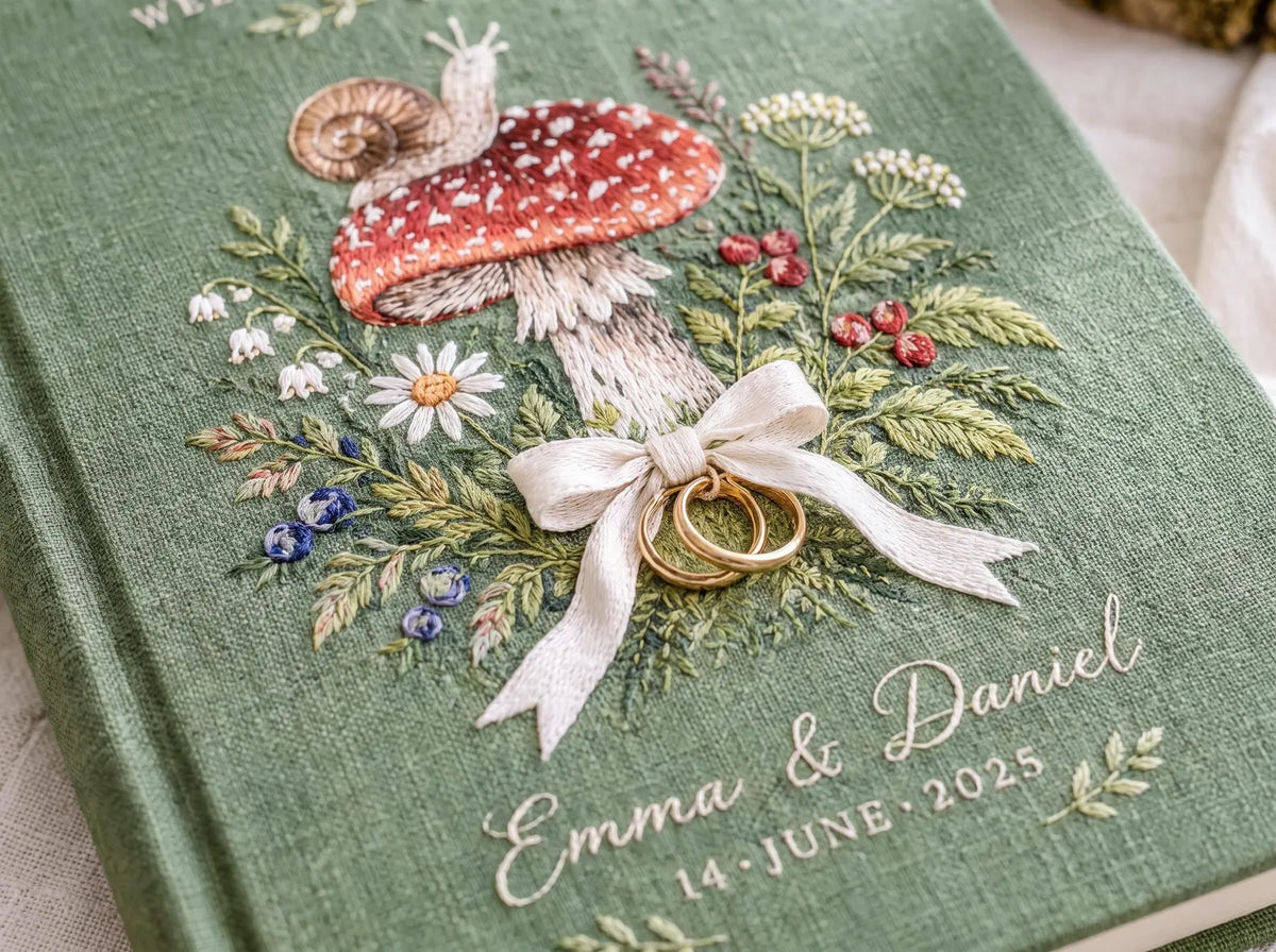 Custom Hand Embroidered Mushroom Wedding Guest Book, Sage Green Linen Photo Album, Woodland Memory Book, Wedding Keepsake, Bridal Gift
