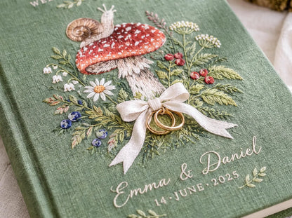 Custom Hand Embroidered Mushroom Wedding Guest Book, Sage Green Linen Photo Album, Woodland Memory Book, Wedding Keepsake, Bridal Gift