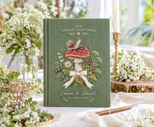 Custom Hand Embroidered Mushroom Wedding Guest Book, Sage Green Linen Photo Album, Woodland Memory Book, Wedding Keepsake, Bridal Gift