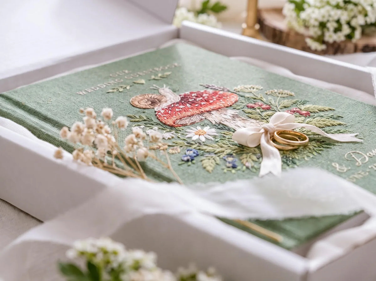 Custom Hand Embroidered Mushroom Wedding Guest Book, Sage Green Linen Photo Album, Woodland Memory Book, Wedding Keepsake, Bridal Gift