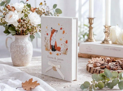Custom Hand Embroidered Fox Wedding Guest Book, Autumn Woodland Linen Photo Album, Personalized Memory Book, Wedding Keepsake, Bridal Gift