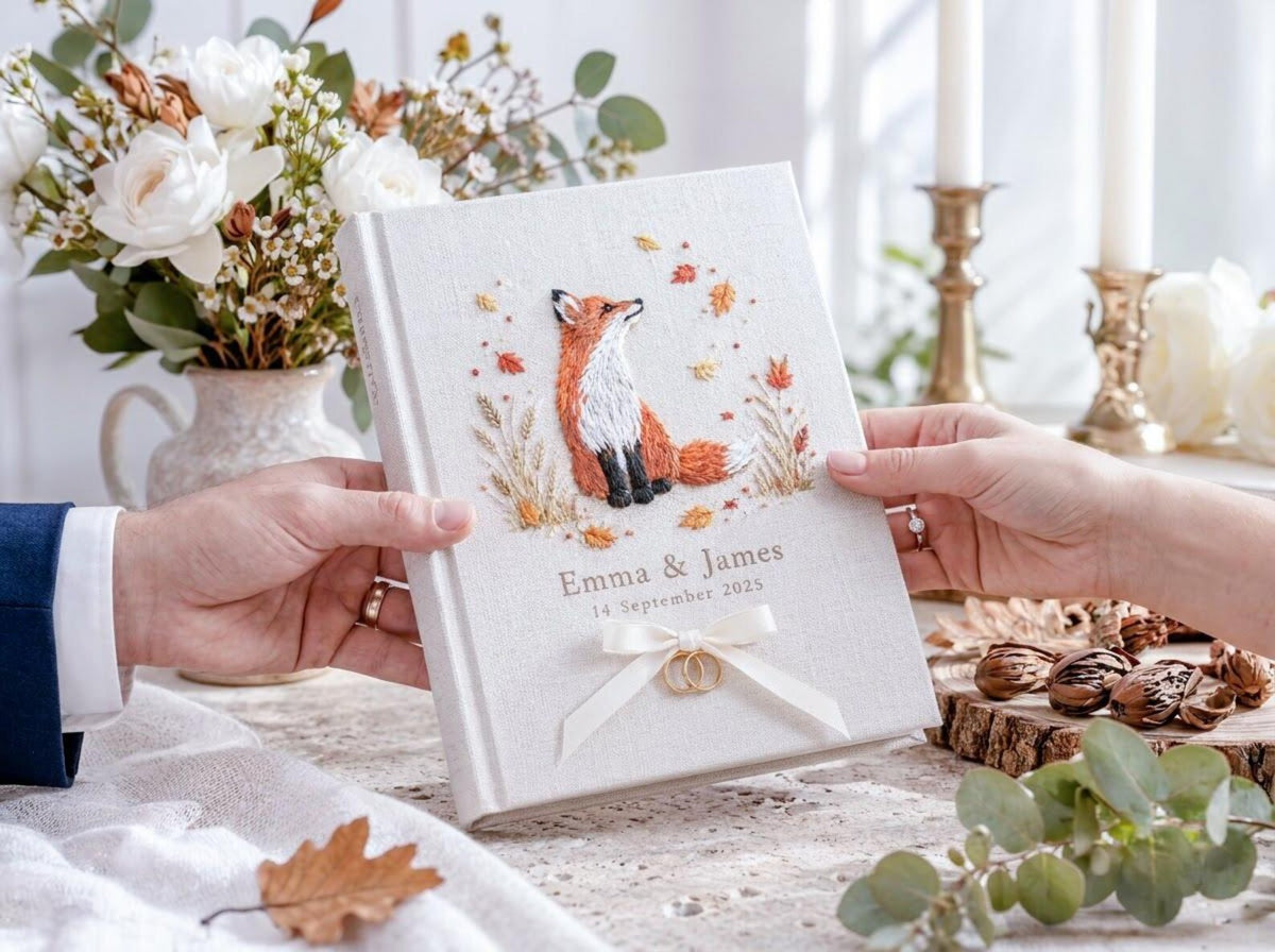Custom Hand Embroidered Fox Wedding Guest Book, Autumn Woodland Linen Photo Album, Personalized Memory Book, Wedding Keepsake, Bridal Gift