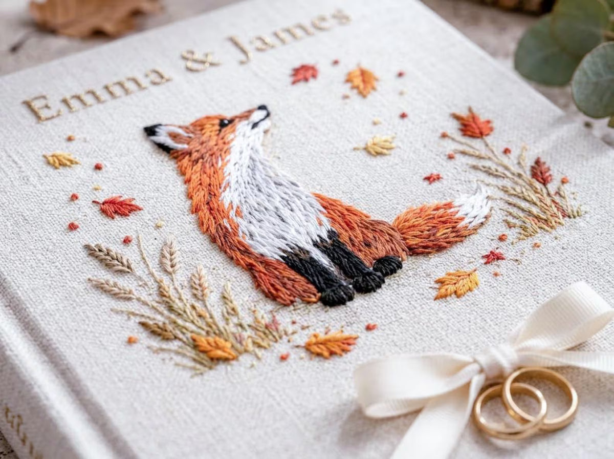 Custom Hand Embroidered Fox Wedding Guest Book, Autumn Woodland Linen Photo Album, Personalized Memory Book, Wedding Keepsake, Bridal Gift