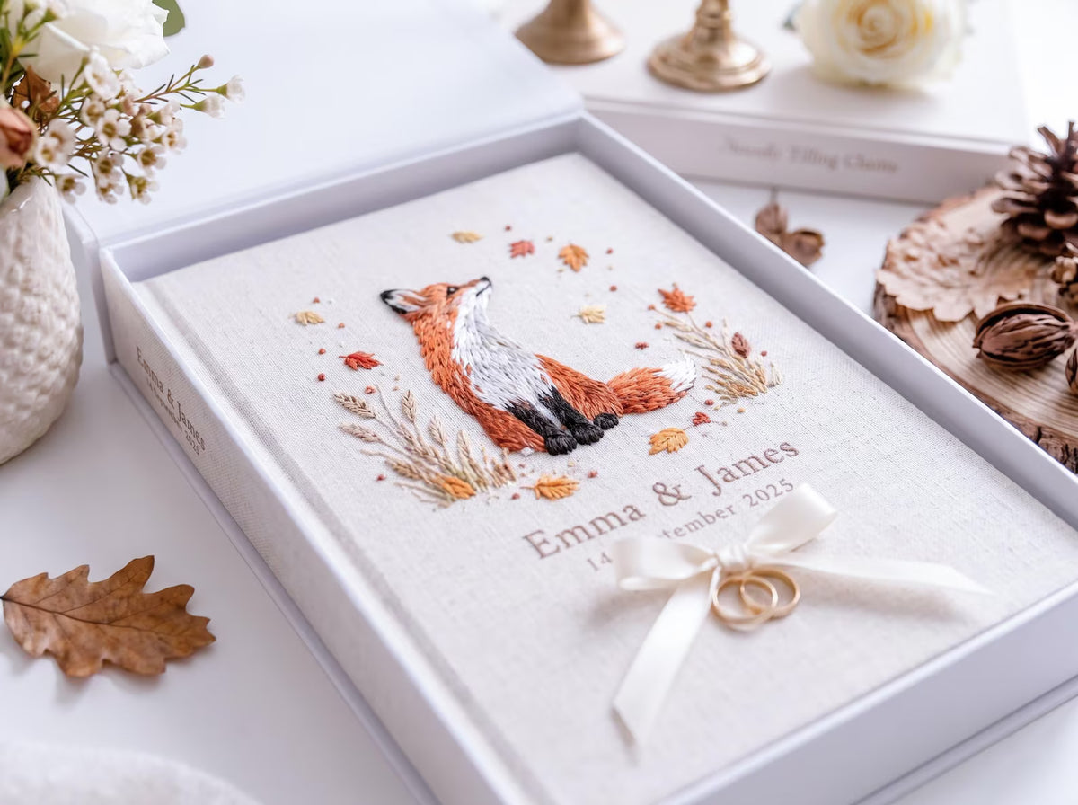 Custom Hand Embroidered Fox Wedding Guest Book, Autumn Woodland Linen Photo Album, Personalized Memory Book, Wedding Keepsake, Bridal Gift
