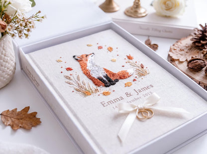Custom Hand Embroidered Fox Wedding Guest Book, Autumn Woodland Linen Photo Album, Personalized Memory Book, Wedding Keepsake, Bridal Gift