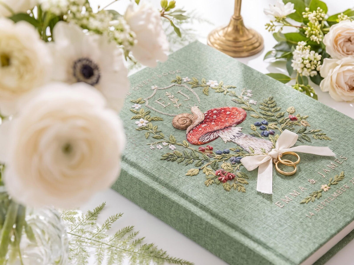 Custom Hand Embroidered Mushroom Wedding Guest Book, Sage Green Linen Photo Album, Woodland Memory Book, Personalized Keepsake, Bridal Gift
