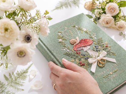 Custom Hand Embroidered Mushroom Wedding Guest Book, Sage Green Linen Photo Album, Woodland Memory Book, Personalized Keepsake, Bridal Gift