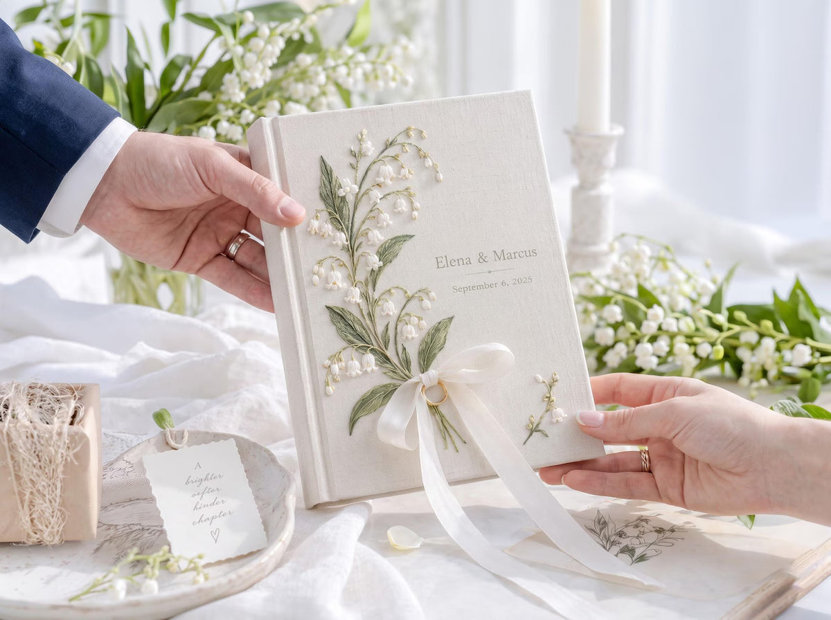 Custom Hand Embroidered Lily of the Valley Ring Bearer Wedding Guest Book, Linen Photo Album, Personalized Memory Book, Bridal Keepsake Gift