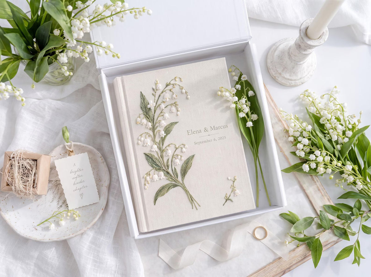 Custom Hand Embroidered Lily of the Valley Ring Bearer Wedding Guest Book, Linen Photo Album, Personalized Memory Book, Bridal Keepsake Gift