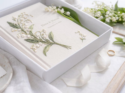 Custom Hand Embroidered Lily of the Valley Ring Bearer Wedding Guest Book, Linen Photo Album, Personalized Memory Book, Bridal Keepsake Gift