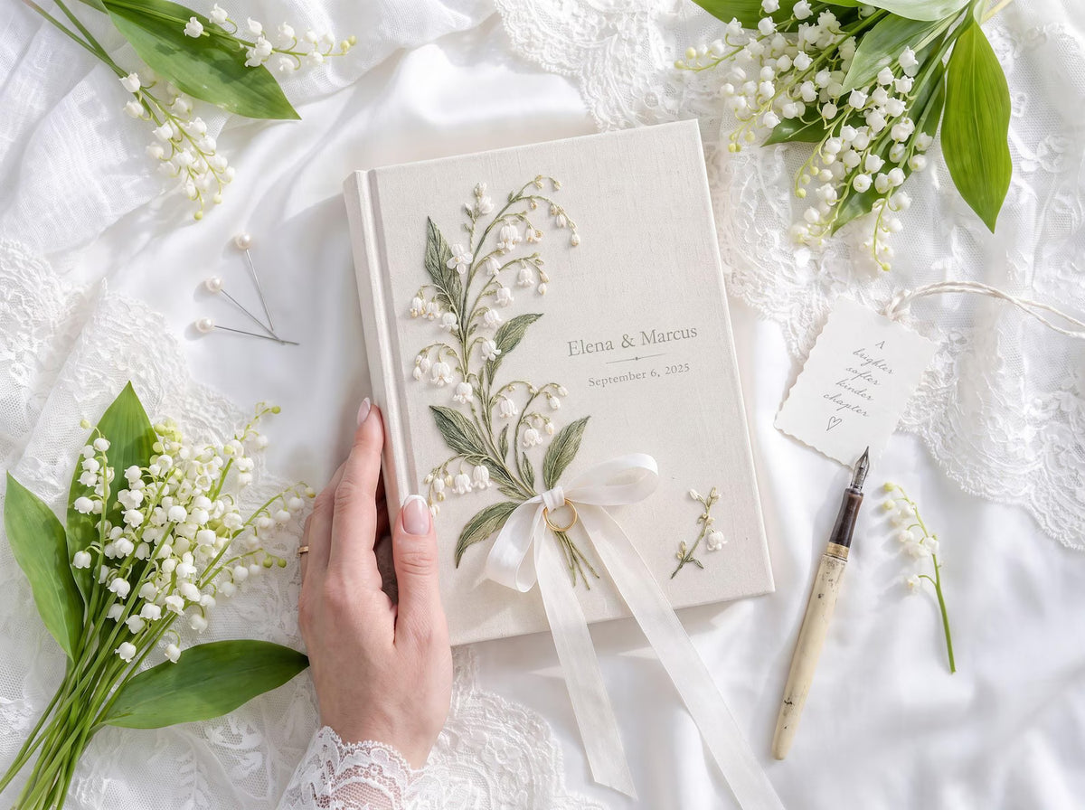 Custom Hand Embroidered Lily of the Valley Ring Bearer Wedding Guest Book, Linen Photo Album, Personalized Memory Book, Bridal Keepsake Gift