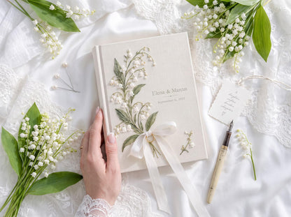 Custom Hand Embroidered Lily of the Valley Ring Bearer Wedding Guest Book, Linen Photo Album, Personalized Memory Book, Bridal Keepsake Gift