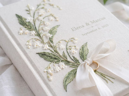 Custom Hand Embroidered Lily of the Valley Ring Bearer Wedding Guest Book, Linen Photo Album, Personalized Memory Book, Bridal Keepsake Gift