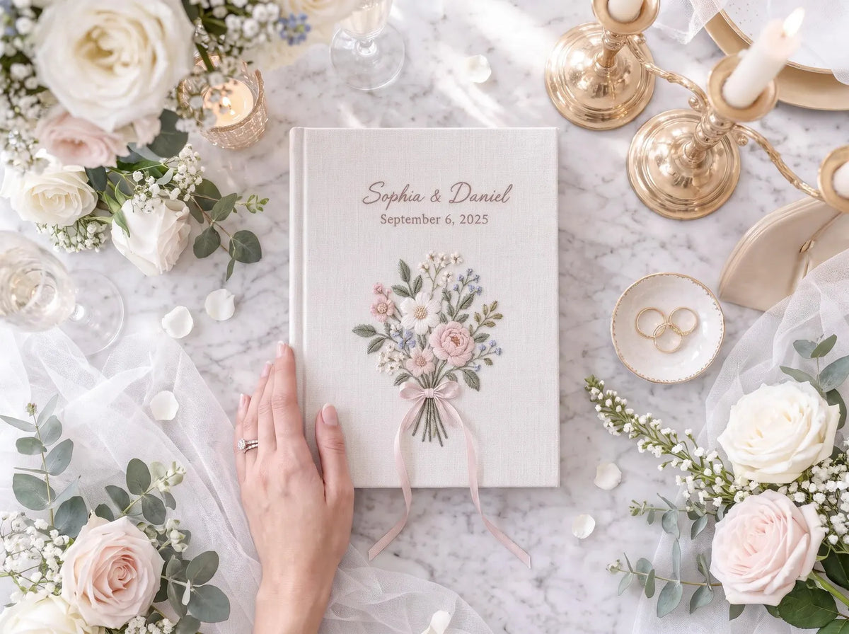 Custom Hand Embroidered Floral Wedding Guest Book, Blush Pink Linen Photo Album, Personalized Memory Book, Botanical Bridal Keepsake Gift