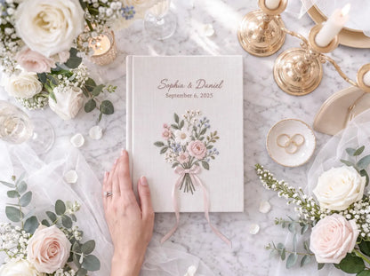 Custom Hand Embroidered Floral Wedding Guest Book, Blush Pink Linen Photo Album, Personalized Memory Book, Botanical Bridal Keepsake Gift