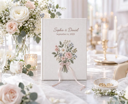 Custom Hand Embroidered Floral Wedding Guest Book, Blush Pink Linen Photo Album, Personalized Memory Book, Botanical Bridal Keepsake Gift