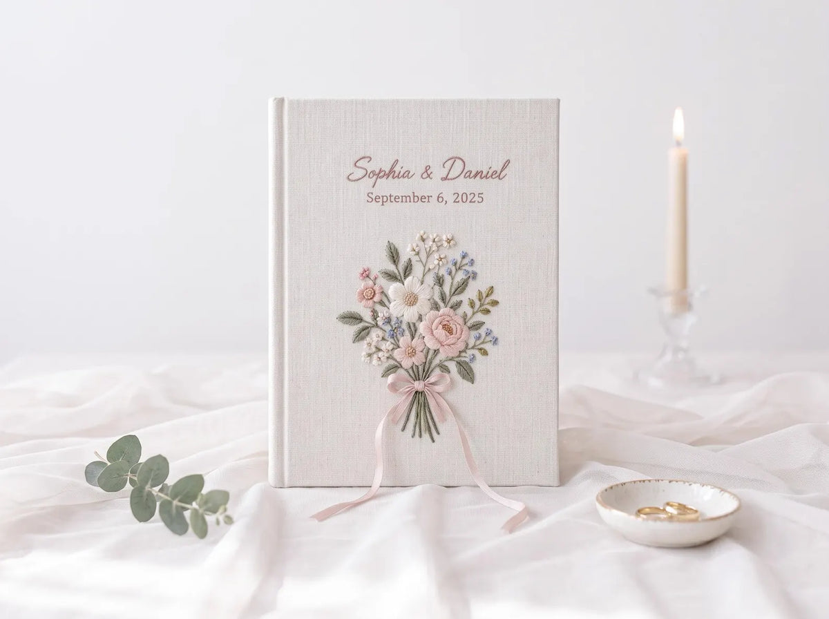 Custom Hand Embroidered Floral Wedding Guest Book, Blush Pink Linen Photo Album, Personalized Memory Book, Botanical Bridal Keepsake Gift