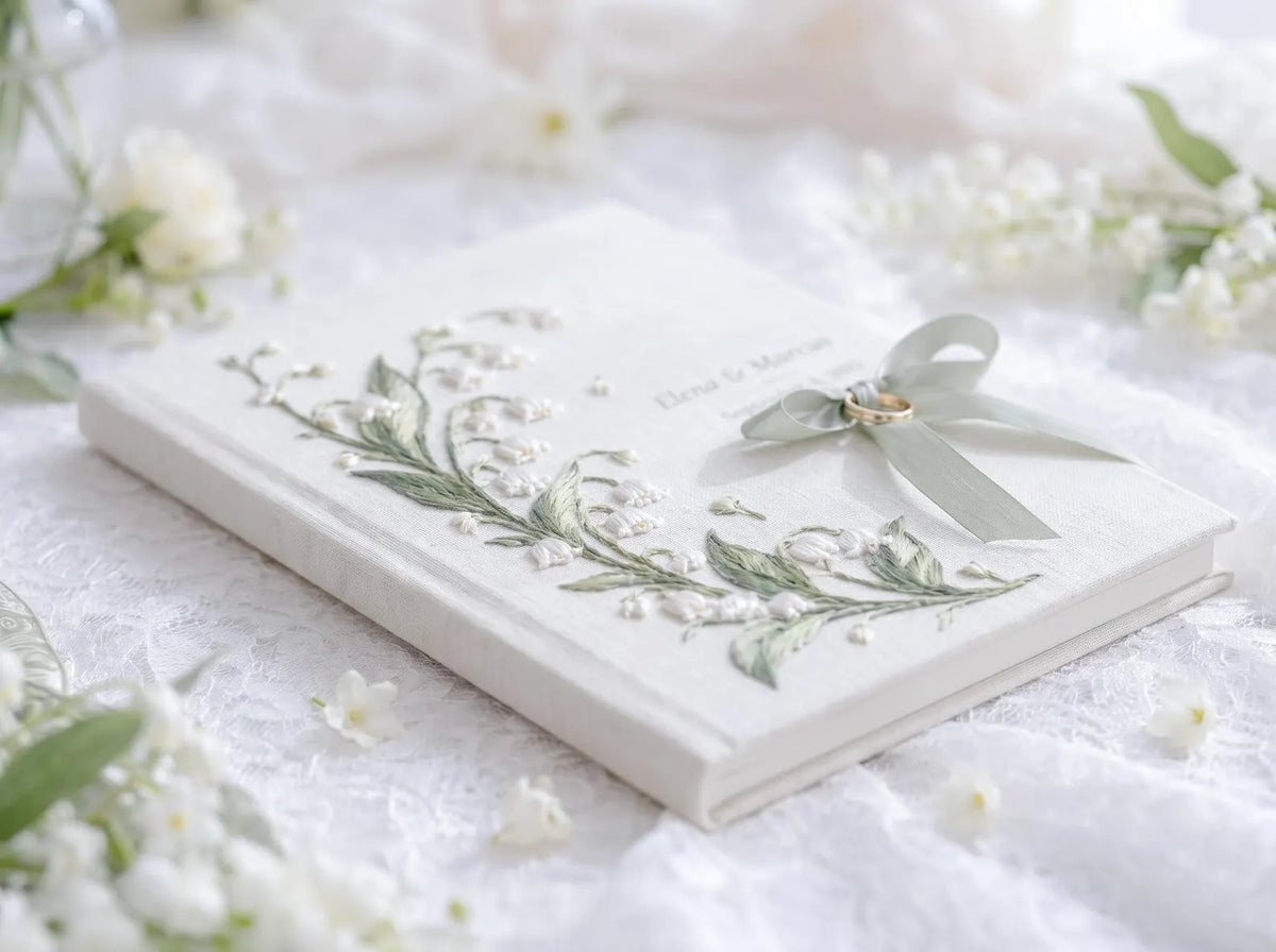 Custom Hand Embroidered Lily of the Valley Ring Bearer Wedding Guest Book, Linen Photo Album, Personalized Memory Book, Bridal Keepsake Gift