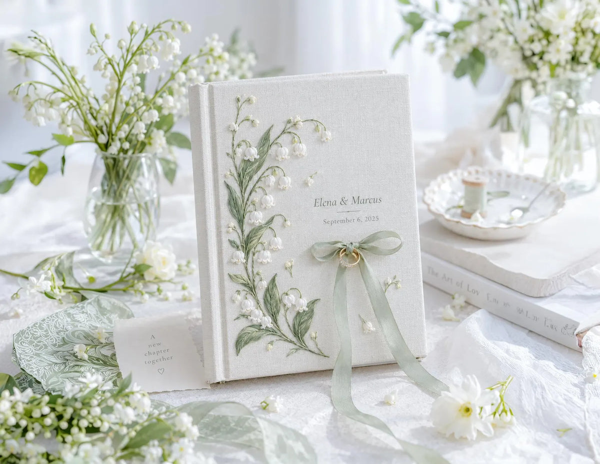 Custom Hand Embroidered Lily of the Valley Ring Bearer Wedding Guest Book, Linen Photo Album, Personalized Memory Book, Bridal Keepsake Gift