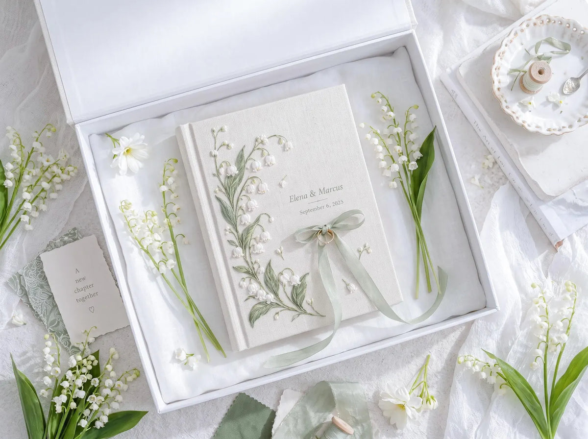 Custom Hand Embroidered Lily of the Valley Ring Bearer Wedding Guest Book, Linen Photo Album, Personalized Memory Book, Bridal Keepsake Gift