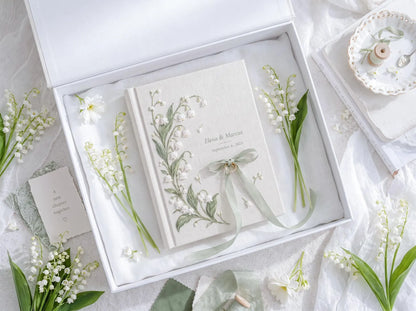 Custom Hand Embroidered Lily of the Valley Ring Bearer Wedding Guest Book, Linen Photo Album, Personalized Memory Book, Bridal Keepsake Gift