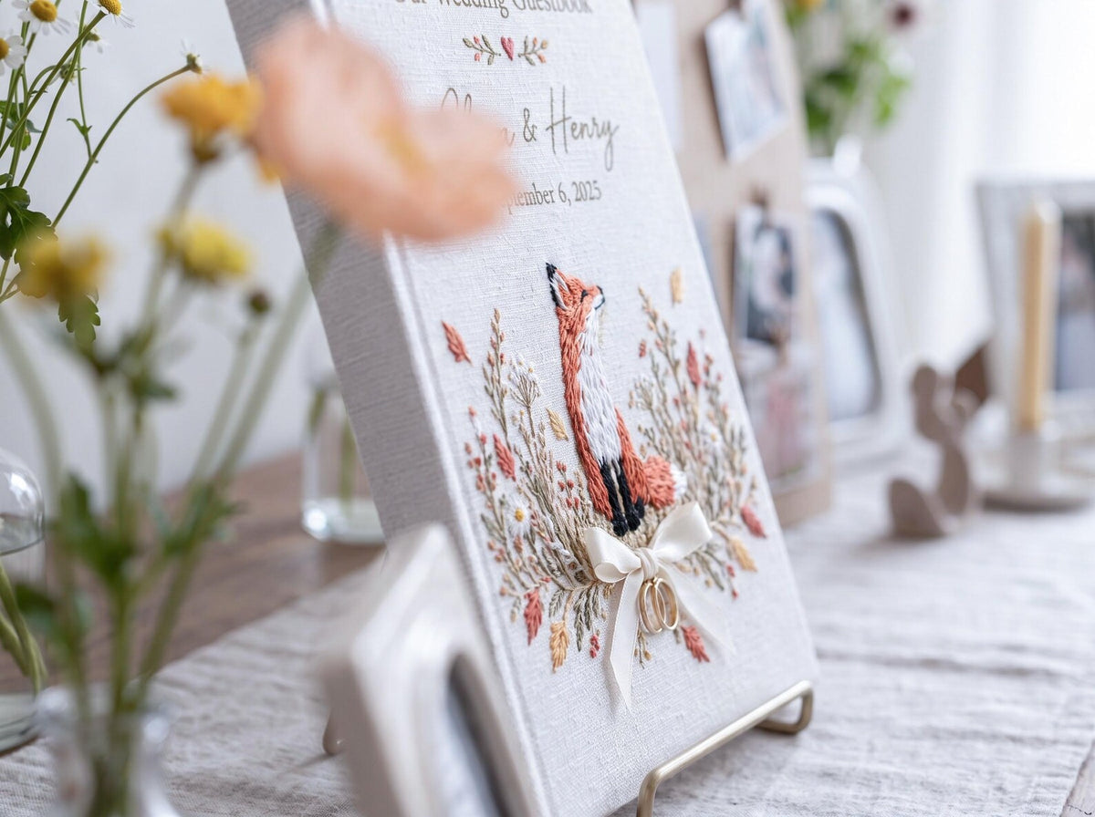 Custom Hand Embroidered Fox Wedding Guest Book, Autumn Photo Album, Personalized Woodland Memory Book, Ring Bearer Keepsake, Bridal Gift