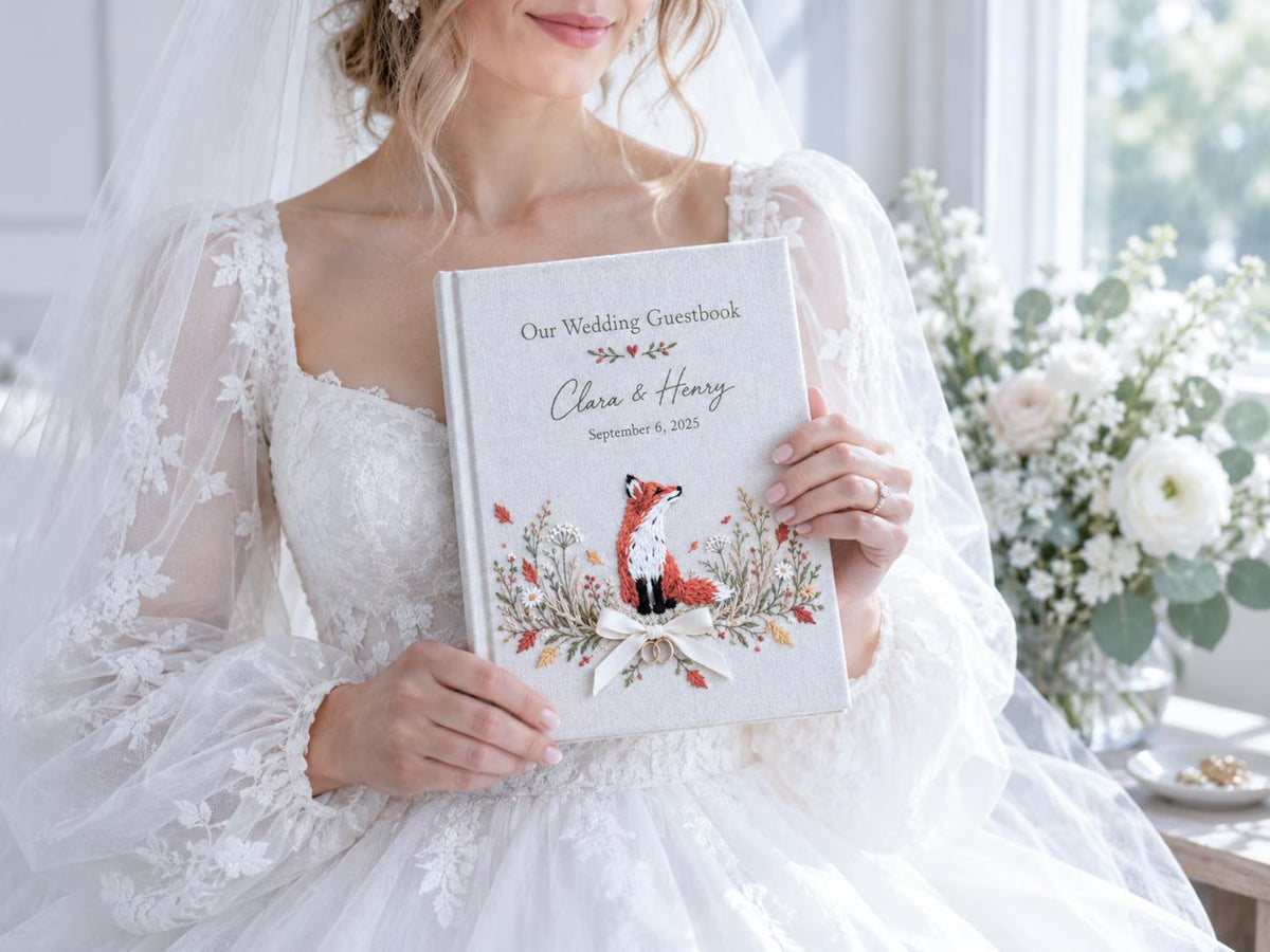 Custom Hand Embroidered Fox Wedding Guest Book, Autumn Photo Album, Personalized Woodland Memory Book, Ring Bearer Keepsake, Bridal Gift