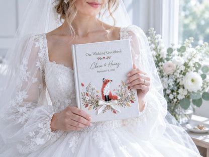 Custom Hand Embroidered Fox Wedding Guest Book, Autumn Photo Album, Personalized Woodland Memory Book, Ring Bearer Keepsake, Bridal Gift