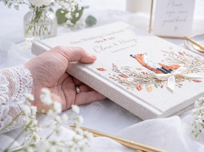 Custom Hand Embroidered Fox Wedding Guest Book, Autumn Photo Album, Personalized Woodland Memory Book, Ring Bearer Keepsake, Bridal Gift