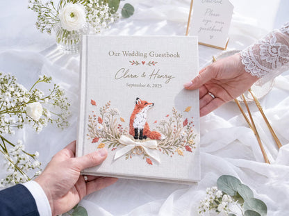 Custom Hand Embroidered Fox Wedding Guest Book, Autumn Photo Album, Personalized Woodland Memory Book, Ring Bearer Keepsake, Bridal Gift