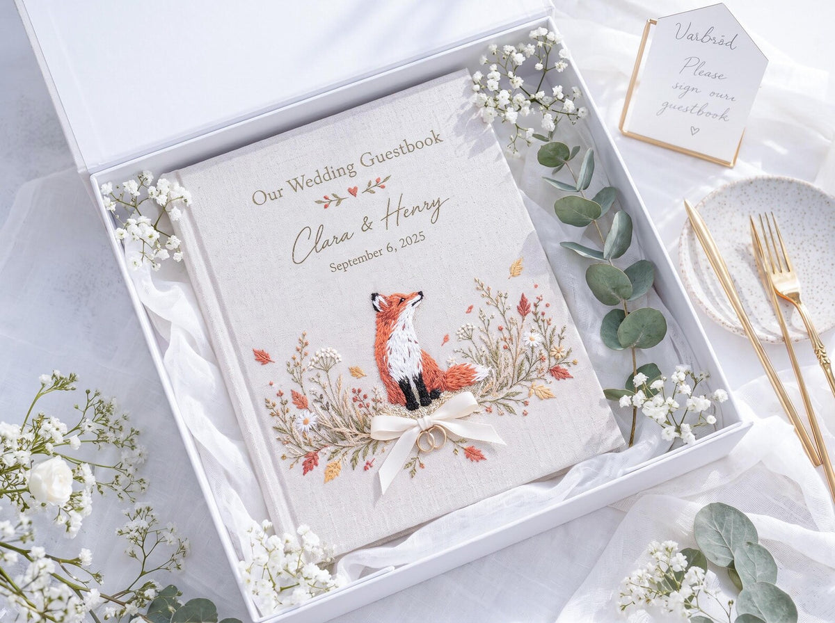 Custom Hand Embroidered Fox Wedding Guest Book, Autumn Photo Album, Personalized Woodland Memory Book, Ring Bearer Keepsake, Bridal Gift