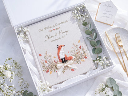 Custom Hand Embroidered Fox Wedding Guest Book, Autumn Photo Album, Personalized Woodland Memory Book, Ring Bearer Keepsake, Bridal Gift
