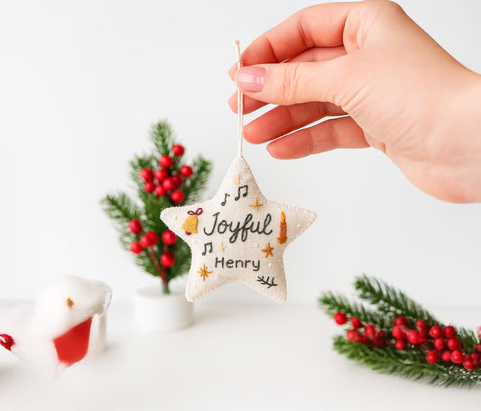 Personalized Christmas Star Ornament, Hand Embroidered Linen Ornament, Custom Name Keepsake, Joyful Xmas Gift, Personalized Tree Decoration