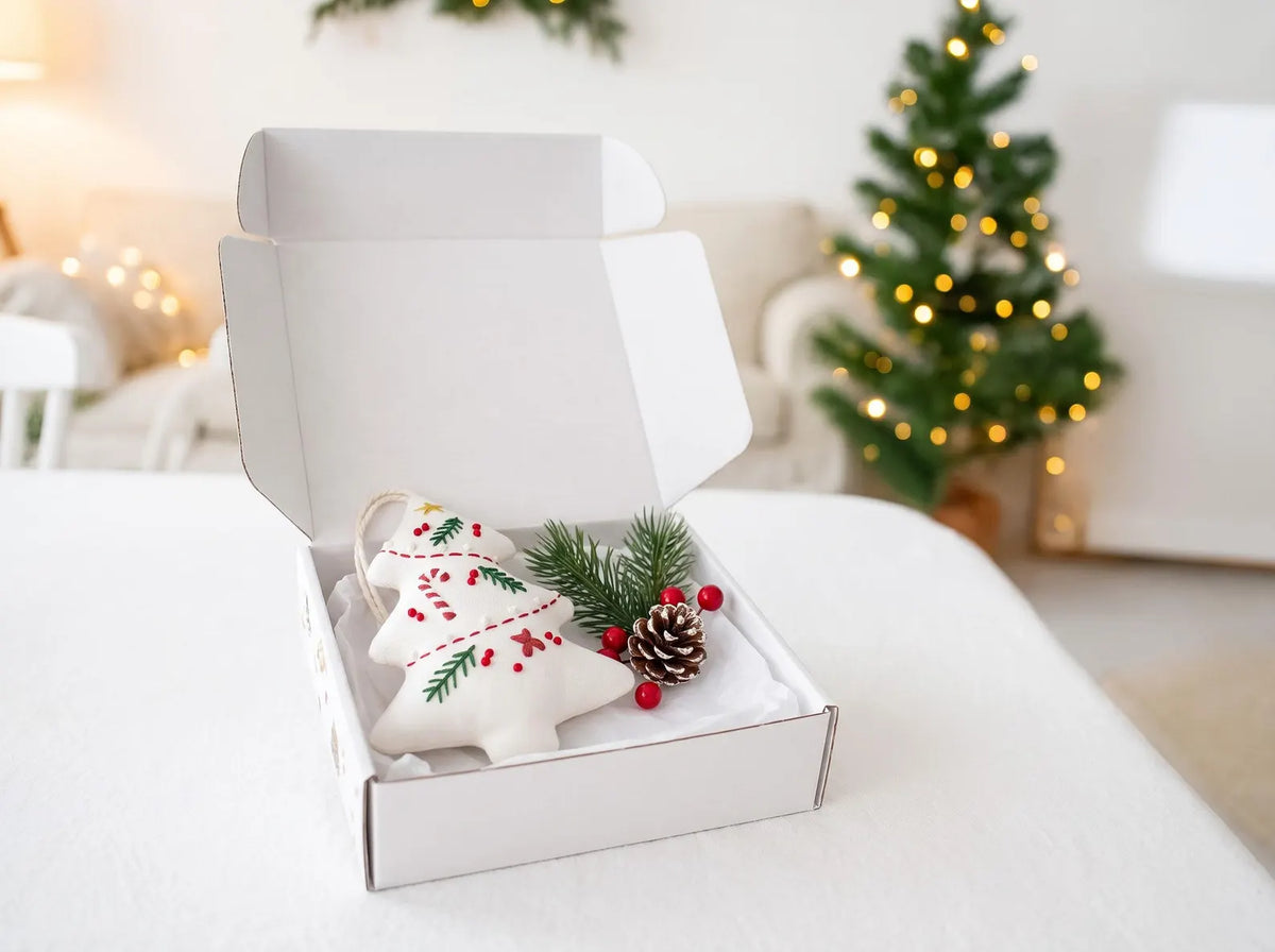 Hand Embroidered Christmas Tree Ornament, Linen Xmas Decoration, Candy Cane Holly Ornament, Handmade Holiday Gift, Tree Hanging Keepsake