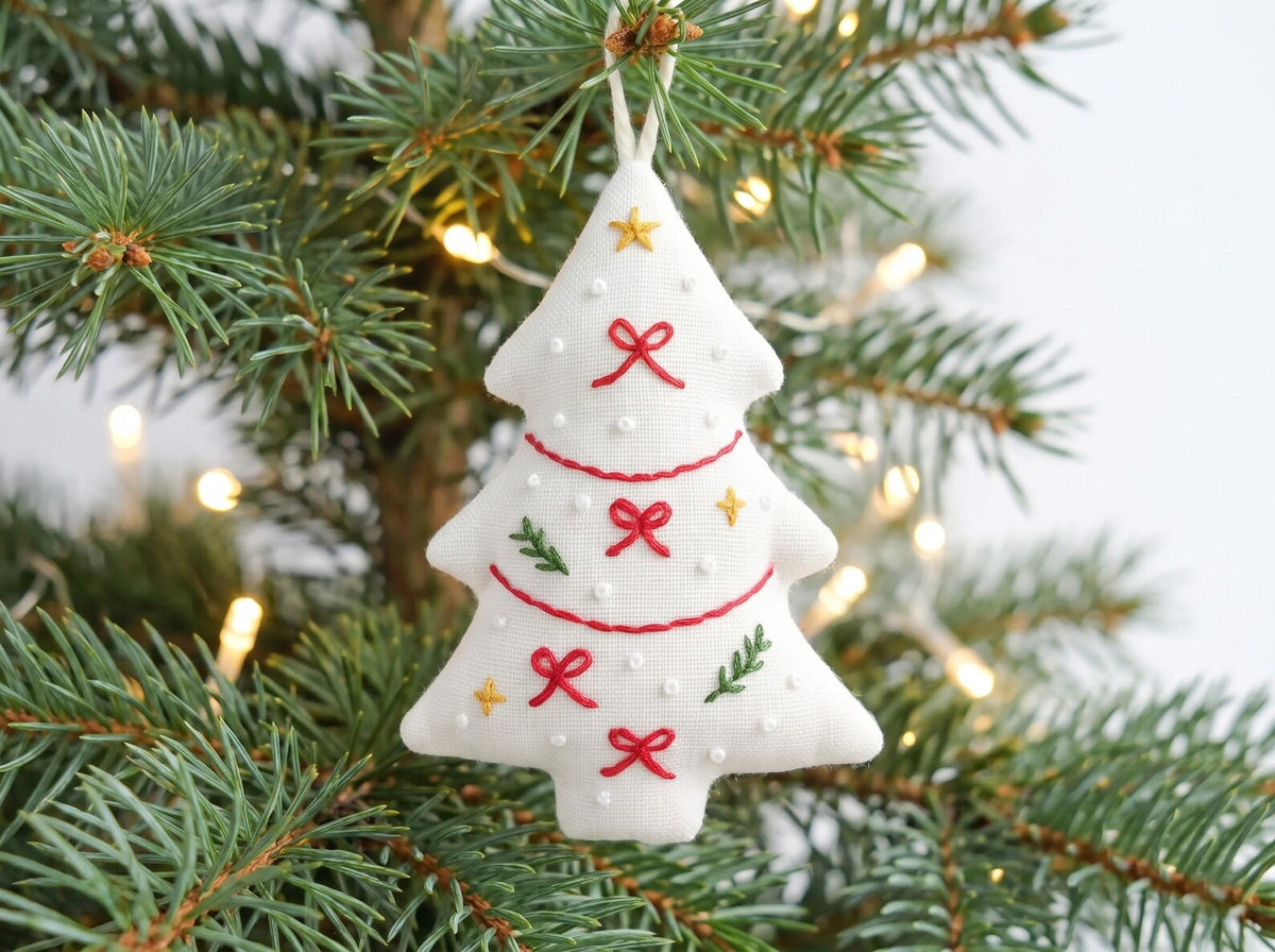 Hand Embroidered Christmas Tree Ornament, Linen Xmas Decoration, Candy Cane Holly Ornament, Handmade Holiday Gift, Tree Hanging Keepsake