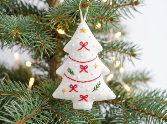 Hand Embroidered Christmas Tree Ornament, Linen Xmas Decoration, Candy Cane Holly Ornament, Handmade Holiday Gift, Tree Hanging Keepsake