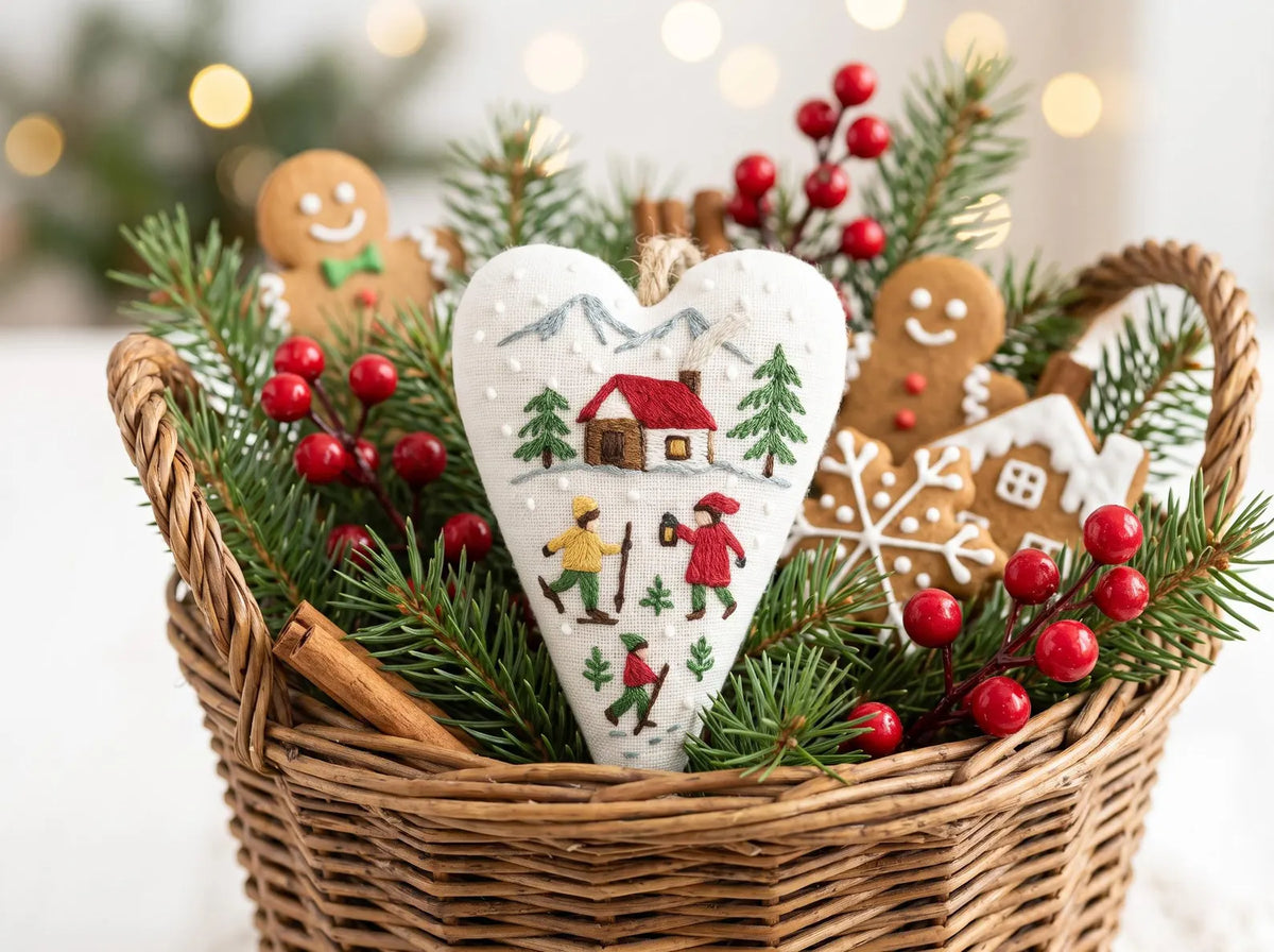 Personalized Embroidered Christmas Heart Ornament – Cozy Winter Cabin with Snowy Mountains & Skiers Linen, Christmas Gift Decoration