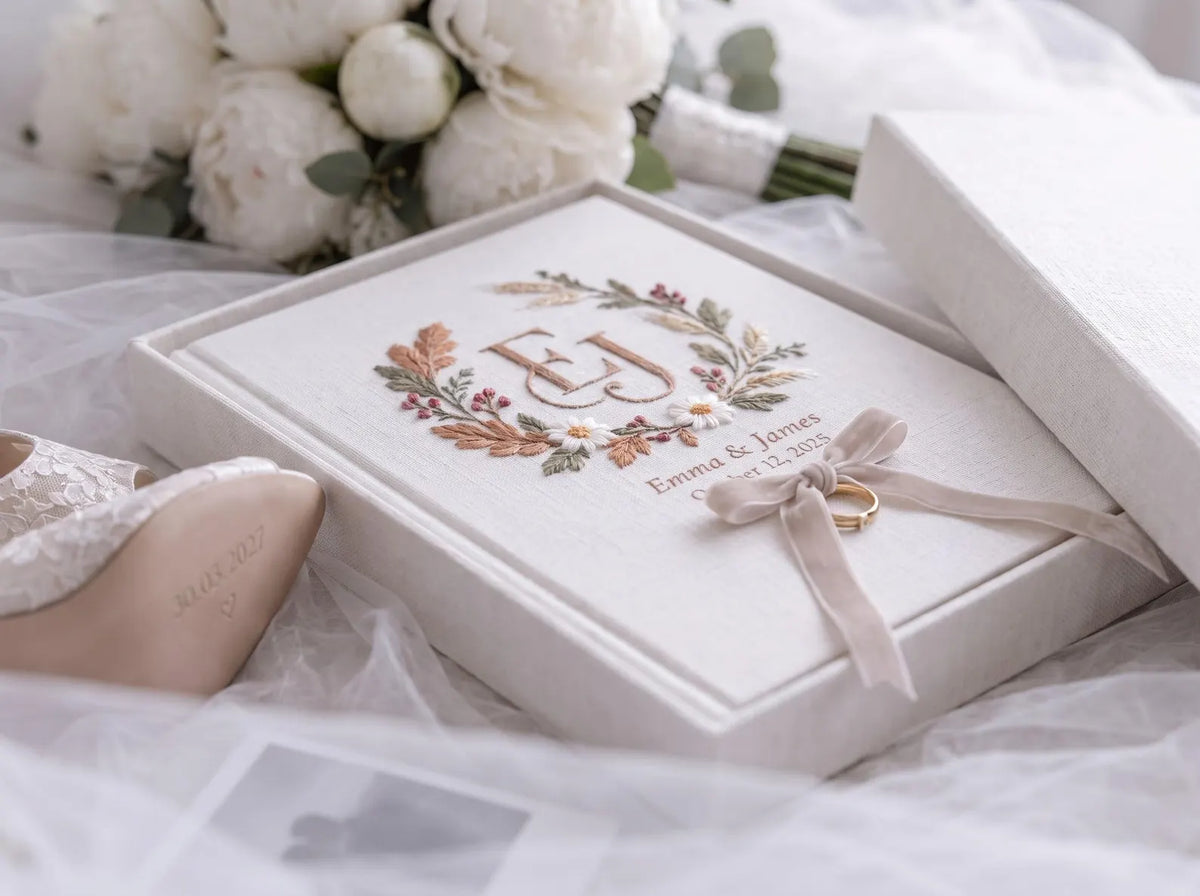 Custom Hand Embroidered Autumn Wedding Guest Book, Monogram Linen Album, Personalized Memory Book, Ring Bearer Keepsake, Bridal Wedding Gift