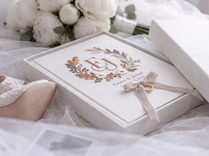 Custom Hand Embroidered Autumn Wedding Guest Book, Monogram Linen Album, Personalized Memory Book, Ring Bearer Keepsake, Bridal Wedding Gift