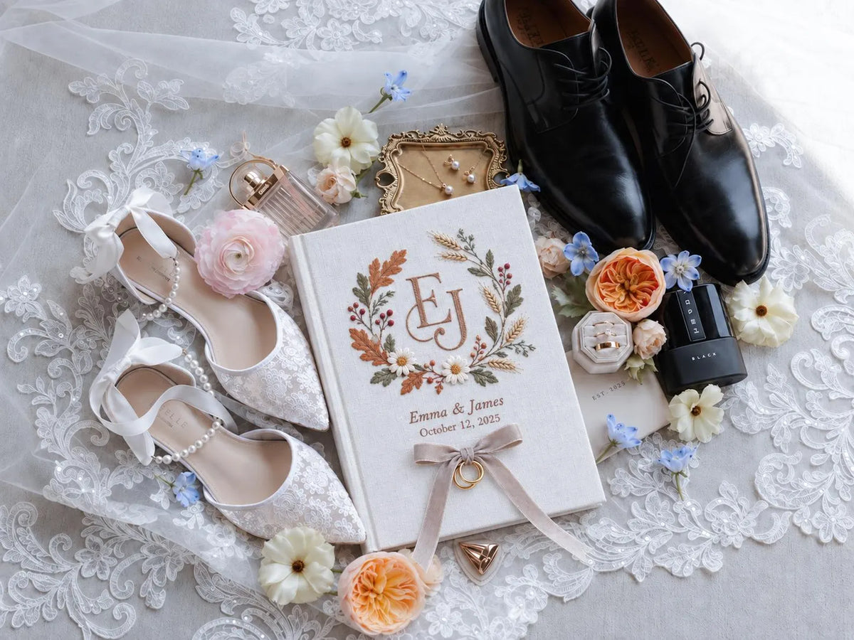 Custom Hand Embroidered Autumn Wedding Guest Book, Monogram Linen Album, Personalized Memory Book, Ring Bearer Keepsake, Bridal Wedding Gift