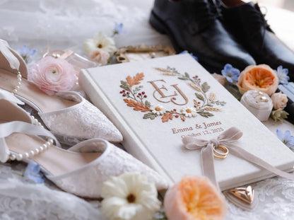 Custom Hand Embroidered Autumn Wedding Guest Book, Monogram Linen Album, Personalized Memory Book, Ring Bearer Keepsake, Bridal Wedding Gift