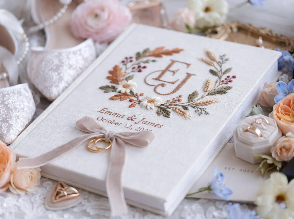 Custom Hand Embroidered Autumn Wedding Guest Book, Monogram Linen Album, Personalized Memory Book, Ring Bearer Keepsake, Bridal Wedding Gift