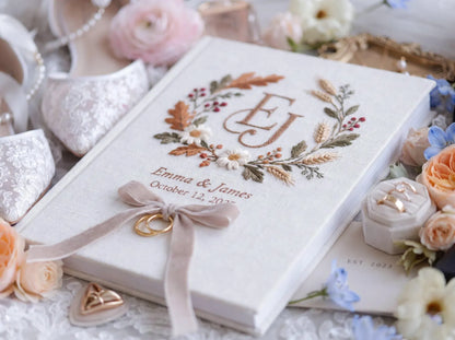 Custom Hand Embroidered Autumn Wedding Guest Book, Monogram Linen Album, Personalized Memory Book, Ring Bearer Keepsake, Bridal Wedding Gift