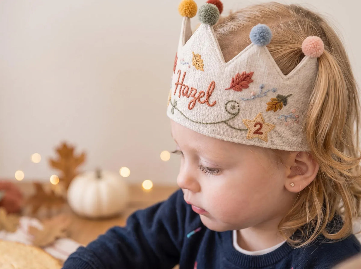 Personalized Birthday Crown, Hand Embroidered Linen Crown, Custom Name Age Party Hat, Autumn Leaves Crown, Toddler Birthday Keepsake Gift