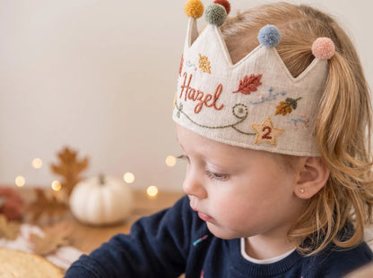 Personalized Birthday Crown, Hand Embroidered Linen Crown, Custom Name Age Party Hat, Autumn Leaves Crown, Toddler Birthday Keepsake Gift